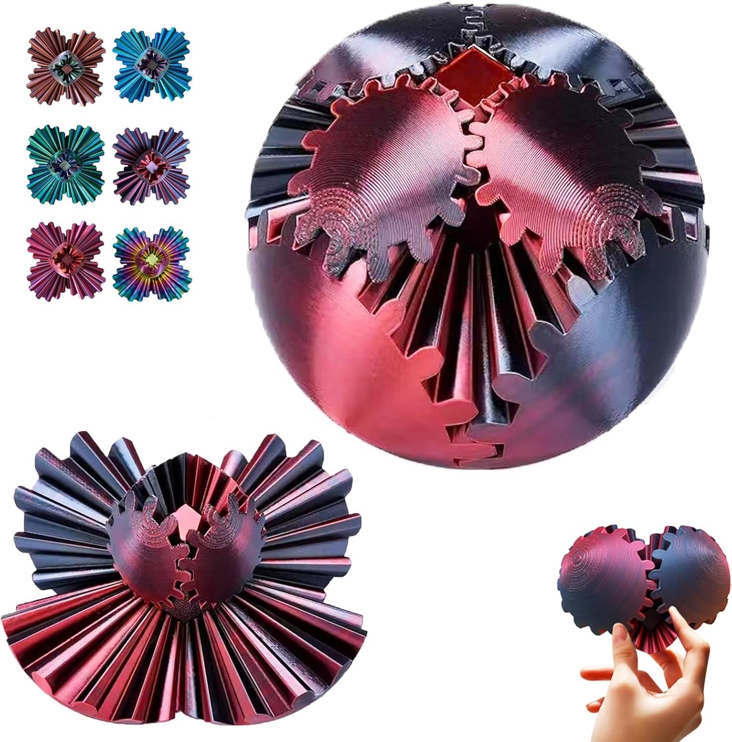 3D Printed Gear Ball Spin Ball Cube Fidget Toy, 2024 3D Printed Gear Sphere Cube Puzzle Birthday Gift, Stress and Anxiety Relaxing Fidget Toy, GearSphere Desk Toy (Black-red)