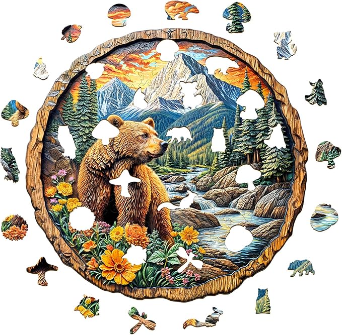 Wooden Puzzles for Adults, Majestic Bear Jigsaw Puzzles with Unique Animal Shape, Wood Challenging Puzzles Ideal for Adults, Christmas Birthday Gifts for Family Puzzle Game Lovers, 8.5"x8.2"- 100pcs
