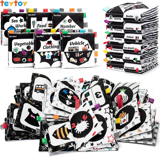 teytoy Baby Soft Cloth Book Set 6 PCS, Black and White High Contrast Baby Activity Crinkle Books for 0 3 6 9 12 Months Newborn Infants Babies Boys and Girls Early Educational Learning Toys