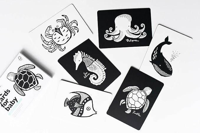 Wee Gallery Art Cards for Baby, Durable High Contrast Black and White Animal Flashcards for Newborns, Brain Development, Sensory Toys, Tummy Time Essentials for Infant and Toddler - Ocean Animals