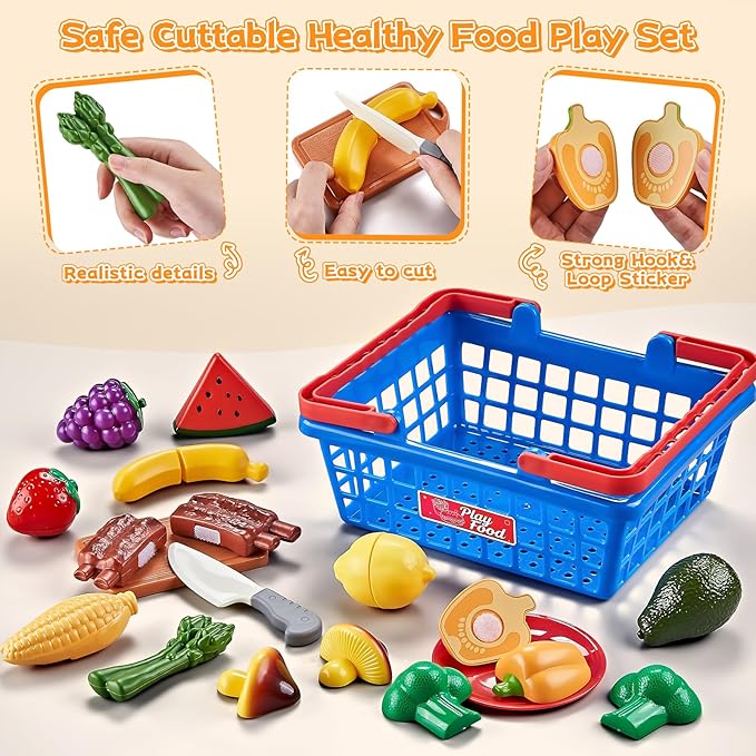 Play Food Sets for Kids Kitchen, Global Cuisine Toddler Cutting Fake Food Toys Including Pizza, Sushi & Bakery , Pretend Toy Food & Play Kitchen Accessories with 2 Baskets, Ideal Gift for Boys Girls