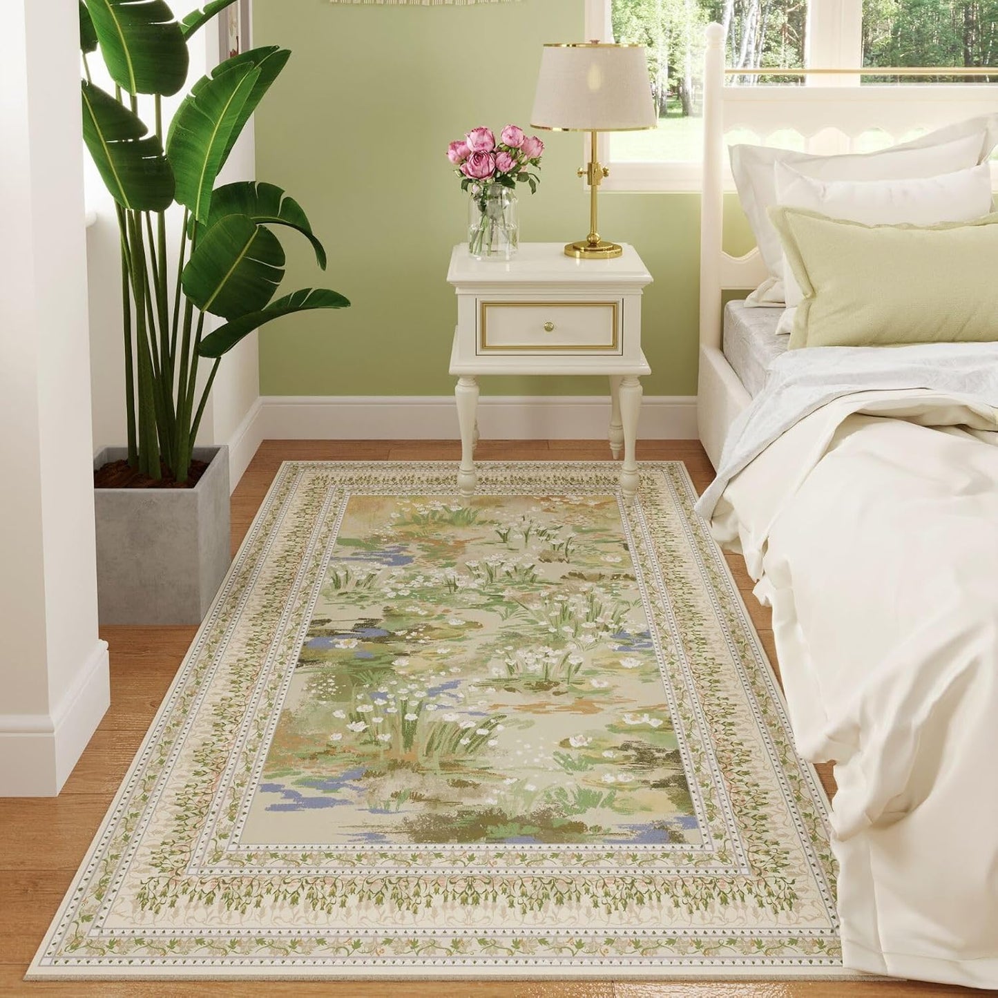 3x5 Washable Rug Impressionist-Style Vintage Non Slip Low Pile Small Carpet for Bedroom Bedside Kitchen Entryway Kids Room Office College Dorm Essentials for Girls, Beige