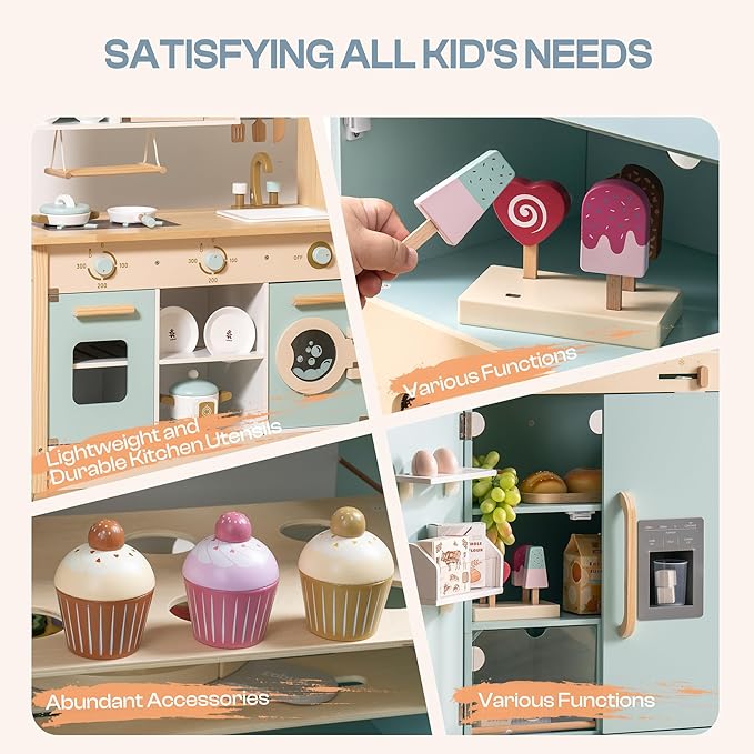 ROBUD Wooden Play Kitchen Set, Kids Toy Kitchen Set with Realistic Design, Utensils, Ice Maker, Fridge, Oven, Washer, Modern Style Play Kitchen with Accessories, Ideal Gift for Boys & Girls, Blue