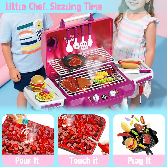 Kid Toy Grill, BBQ Grill Playset with Light Sound, Smoke Effect and 2 Wheels, Pretend Food, Little Chef Play Kitchen Accessories, Christmas Birthday Gifts for Boys Girls Ages 3 4 5 6 7 8