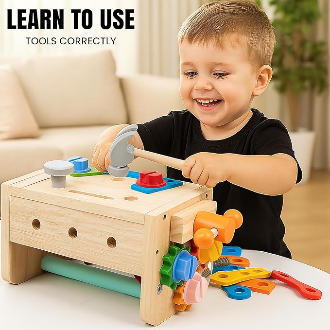 Kids Tool Set – 35 Pieces Wooden Toddler Tool with Box – Montessori STEM Educational Pretend Play Construction Toy for 3 to 8 Year Old Boys Girls – Best Birthday Gift