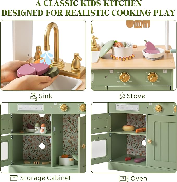 ROBOTIME Play Kitchen for Kids Toddlers, Wooden Pretend Play Kitchen Set Toy with Cutting Food Set, Toys Kitchen Gift for 3+ Year Old Kids, Girls & Boys