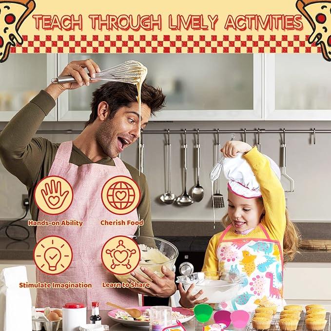 KAEGREEL Kids Baking Set 26Pcs with Dinosaur Apron & Hat Cooking Chef Dress Up Role Play Toys, Kitchen Toys Pretend Play Gifts for Girls Boys Aged 3 4 5 6 8 Years Old