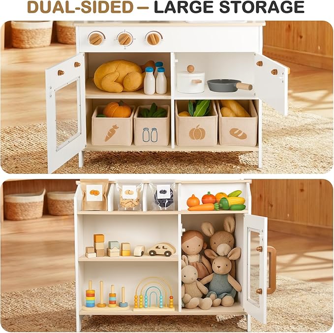 Dual-Sided Play Kitchen for Kids Toddlers, 2-in-1 Grocery Store&Wooden Toy Kitchen Set with Coffee Machine,Pretend Kitchen Play Set with Microwave, Oven, Gift for Boys Girls