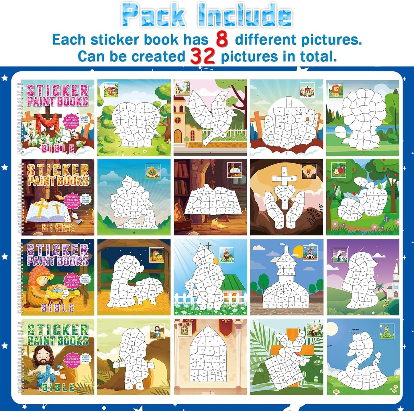4Pcs Bible Paint by Sticker Books Sticker by Number Books Activity Book Stickers Puzzle Book Christian Craft Art Gift Set Party Favor with Jesus Bible Cross 32 Pictures