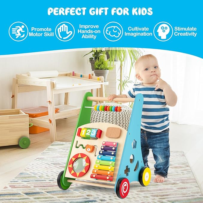 HONEY JOY Baby Push Walker, Wooden Infant Walker Activity Center with Shape Sorter, Develop Motor Skills & Creativity, Push Toys for Babies Learning to Walk, Gift for Boys and Girls, Colorful