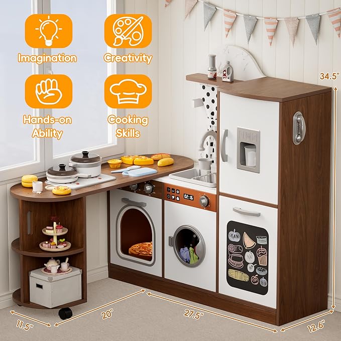 Wooden Play Kitchen with 180 Degree Rotation, Interactive Kids Corner Toy Kitchen Playset with Lights & Sounds, Toddler Kitchen Play Set with Realistic Accessories for Girls Boys Ages 3+, Brown