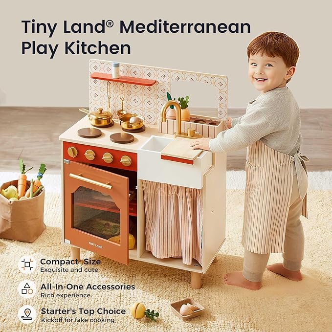 Tiny Land Play Kitchen, Kids Kitchen Playset, Toddler Kitchen with Cutting Food Set, Wooden Kitchen Sets for Kids, Gift for Girls and Boys