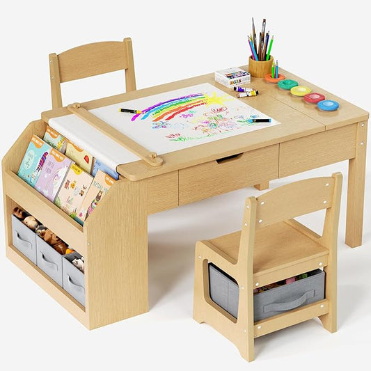 5-in-1 Kids Art Table and Chairs, Toddler Table and Chair Set, Craft Play Desk for Kids, Convertible Art Easel with Paper Roll Holder & Storage Drawers, Children Activity Learning Center - Nature Wood