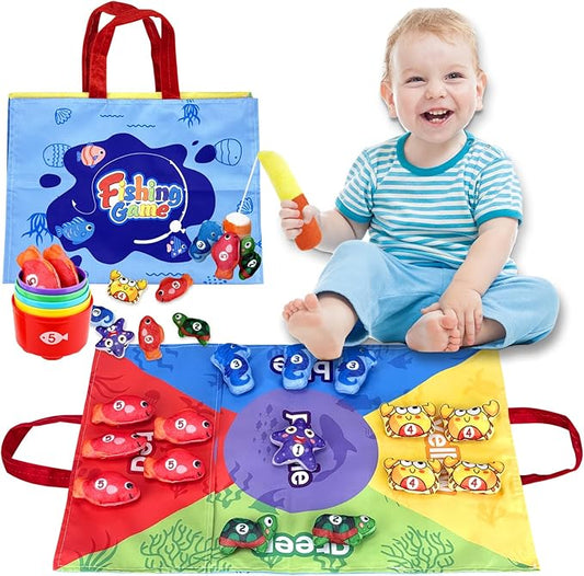 Montessori Toys for 1 Year Old Boys Girls – 22 in 1 Cloth Fishing Game with Stacking Cups, Color Sorting & Number Counting Learning Toys, Birthday for Toddlers 1-3