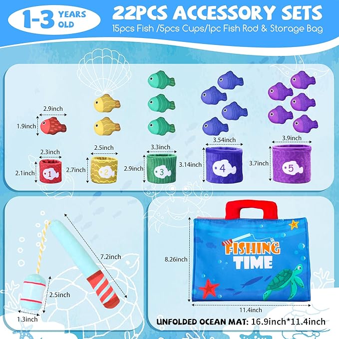 Montessori Toys for 1 Year Old - Cloth Fishing Game with Stacking Cups, Color Sorting & Number Learning Toys for Toddlers 1-3, 1 Year Old Boys & Girls Gifts