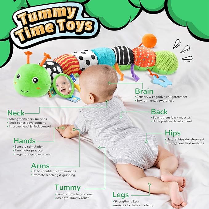 LIGHTDESIRE Baby Toys Musical Caterpillar,Infant Toys 3 6 12 Months Sensory Toy with Ruler Design,Mirror,Pull String,Crinkle&Ring Bell,Baby Teething Toy for Tummy Time Boy Girl Gifts (Lime Green)