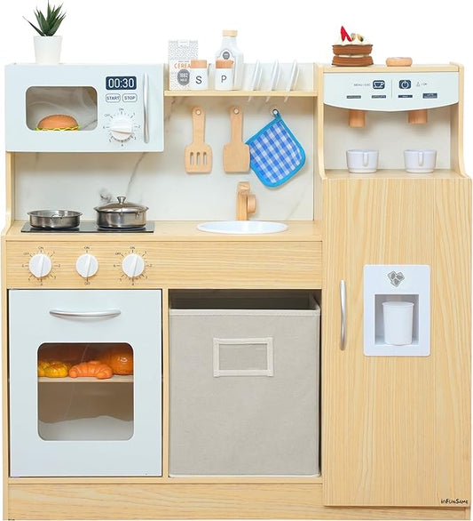 Wooden Play Kitchen set for Toddlers and Kids with Storage System,Ice Maker,Fridge,Coffee Machine,Oven,Microwave,Pretend Kitchen set for Small Spaces, Toy Kitchen Gift for Boys and Girls 3-5