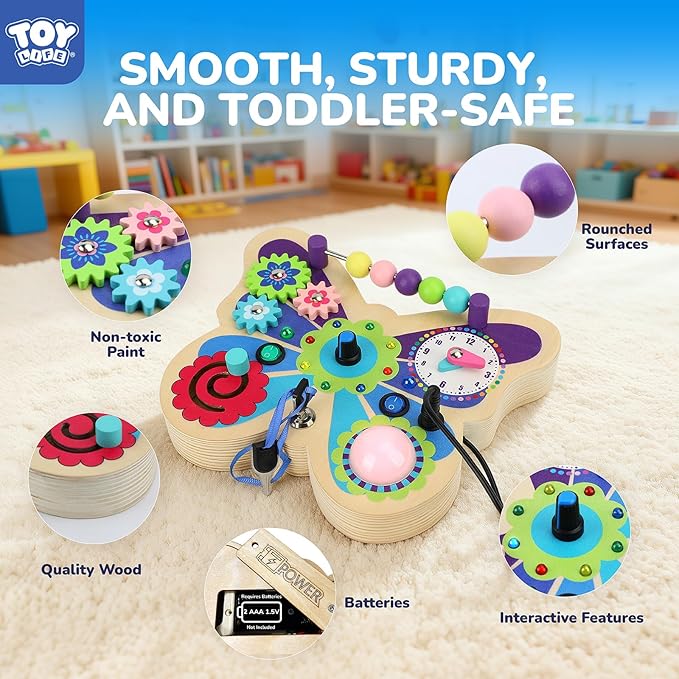 TOY Life Montessori Busy Board, Wooden Butterfly Sensory Board Toys for Toddlers with LED Light Up Switchs, Baby Fidget Boards Travel Toys, Christmas Birthday Gifts for 1+ Year Old Girls Boys
