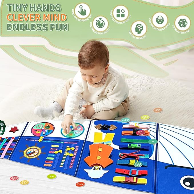 Whale Montessori Busy Board Toddler Busy Board, Activities Foldable Montessoris Toys for 3+ Years Old Wall Panel