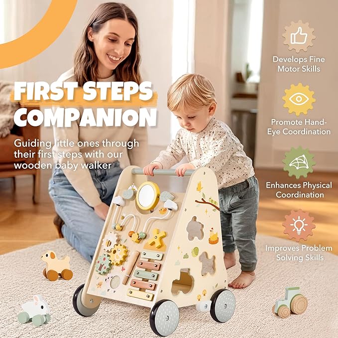 Wooden Baby Push Walker, Baby Walker with Activity Center for Girls Boys, Montessori Sensory Push Toys for Babies Learning to Walk & Sit-to-Stand