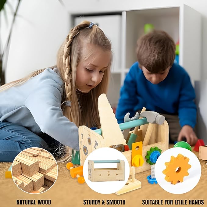 RAISUL Wooden Tool Set for Kids – 35 Pieces Wooden Toddler Tool with Box – Montessori STEM Educational Pretend Play Construction Toy for 3 to 13 Year Old Boys Girls – Best Birthday Gift