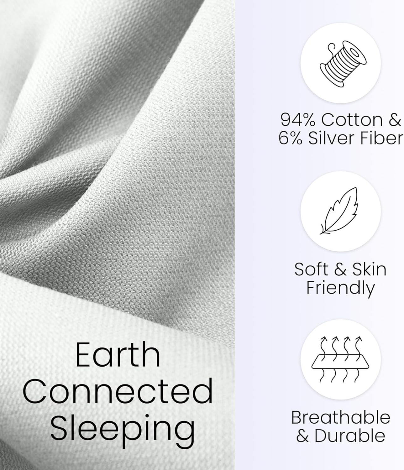 Hooga Grounding Pillow Case, Queen Size Earth Connected Pillowcase, Bedding. Improve Sleep, Energy, Inflammation, Snoring. 94% Organic Cotton, 6% Silver Fiber, 20’’x30’’ Size. Off White