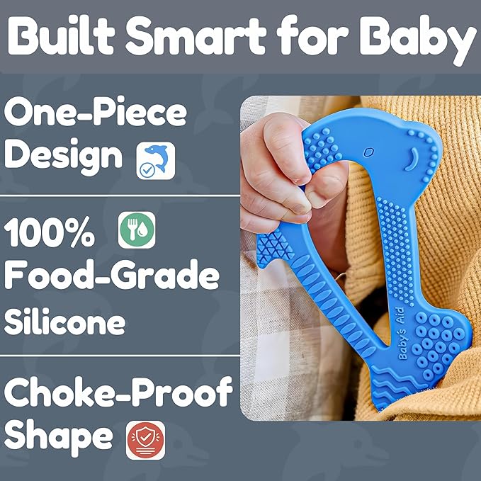 Silicone Baby Teether - Dolphin | 8 Teething Relief Textures, 100% Food-Grade, Easy to Hold & BPA Free Silicone Teethers for Babies, Baby Teething Toys, Soft Chew Toy for Babies Ages 3M+ - Baby’s Aid