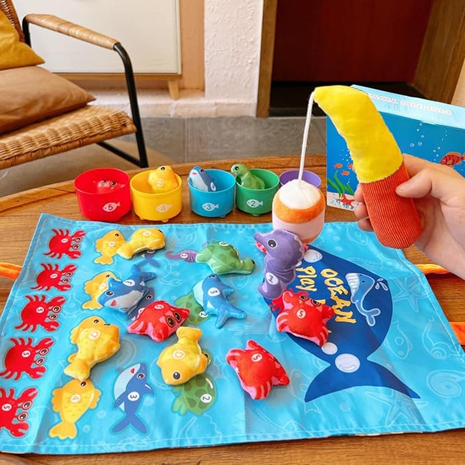 Montessori Toddler Toys for 1-3 Years Old Boys and Girls，22PCS Cloth Fishing Game with Stacking Cups, Color Sorting & Number Learning, Educational Birthday Gift for 6-18 Month Babies
