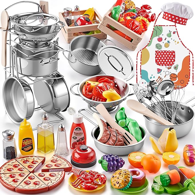 Play Kitchen Accessories, Large Stainless Steel Toddler Cooking Set, Kids Kitchen Playset with Cutting Play Food, Condiments, Chef Apron & Hat, Service Bell, Toy Food with 2 Baskets, Boys Girls Gifts.