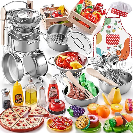Play Kitchen Accessories, Large Stainless Steel Toddler Cooking Set, Kids Kitchen Playset with Cutting Play Food, Condiments, Chef Apron & Hat, Service Bell, Toy Food with 2 Baskets, Boys Girls Gifts.