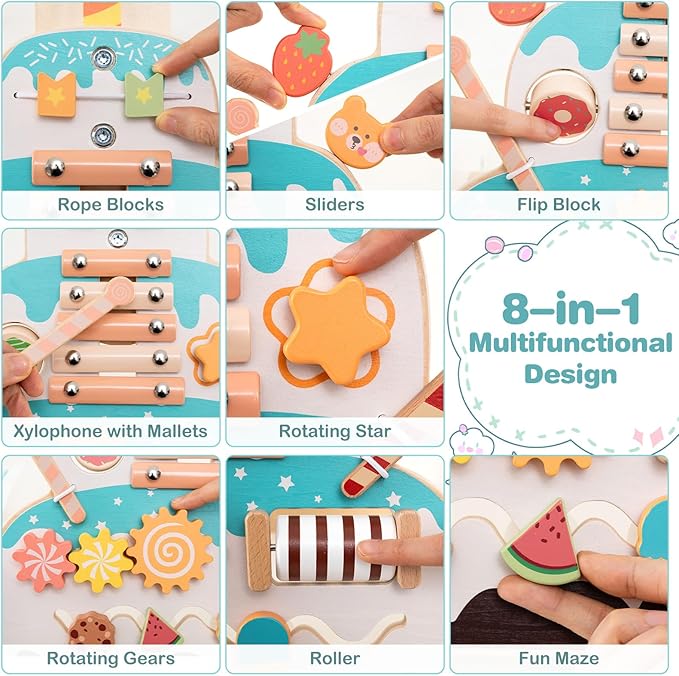 HONEY JOY Baby Push Walker, Wooden Infant Walker Activity Center w/Adjustable Handle, Develop Motor Skills & Creativity, Push Toys for Babies Learning to Walk, First Birthday Gift for Boys and Girls