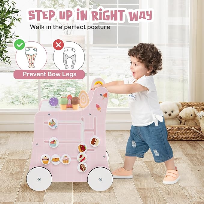 BABY JOY 2-in-1 Wooden Baby Walker, Montessori Activity Center w/Storage, Wheels, Kids Dessert Shop Walking Toy w/Ice Cream, Slider, Maze, Plate, Push Walker for Boys and Girls 1+ Years Old (Pink)