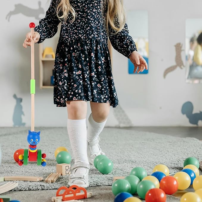 Wooden Cartoon Animal Push Walker for Walker Push with Stable Design Material Promotes Motor Skill Development and Social Interaction for Boys