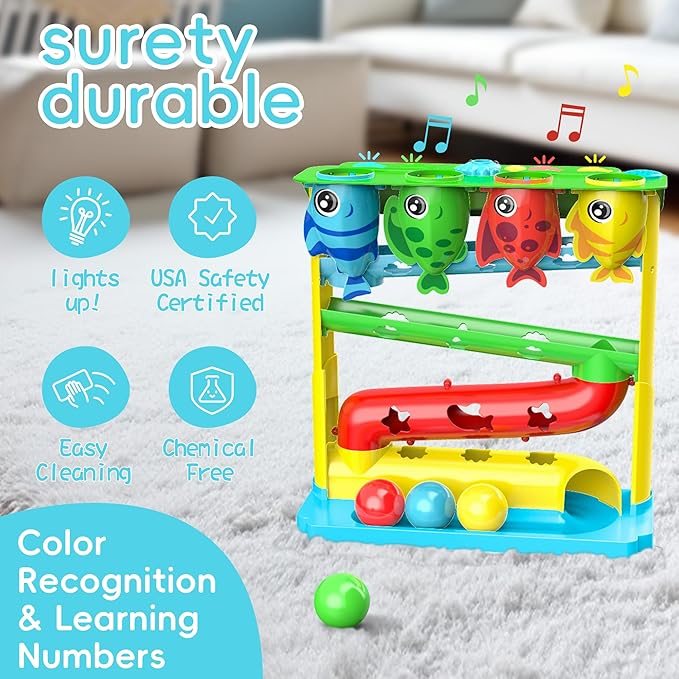 Ball Drop Toy for 1, 2 Years Old Boys & Girls, Interactive Toddler toy with Lights, Music & Water Spray, Montessori STEM Learning Toys for 9-18 Months, Infant Early Development Gift (Blue)