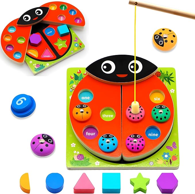 MOONTOY Wooden Ladybug Montessori Toys for 1 2 3 4 Year Old Boy Girl Learning Toys for Toddlers 1-3 Magnetic Fishing Game Number Block Counting Color Shape Sorter Puzzle Easter Basket Stuffers Gift