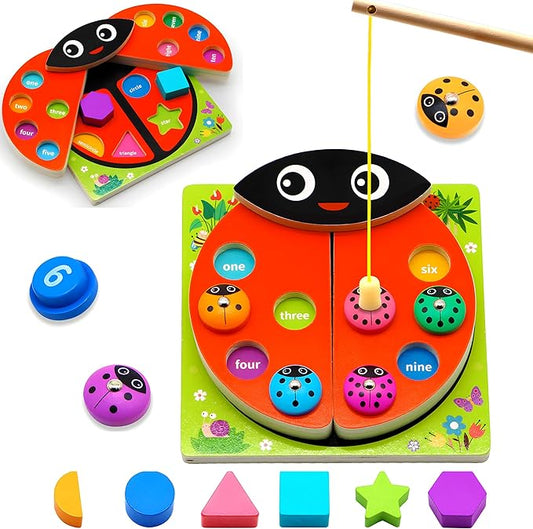 MOONTOY Wooden Ladybug Montessori Toys for 1 2 3 4 Year Old Boy Girl Learning Toys for Toddlers 1-3 Magnetic Fishing Game Number Block Counting Color Shape Sorter Puzzle Easter Basket Stuffers Gift