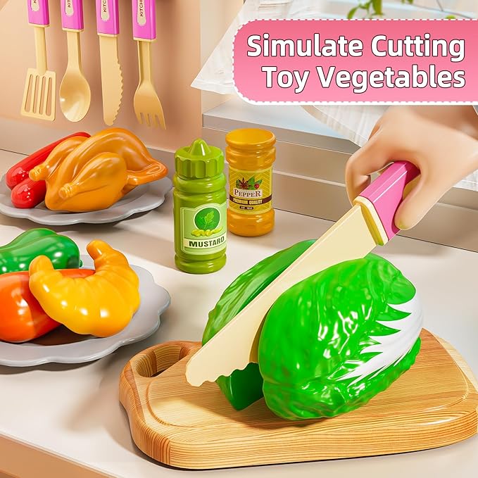 Play Kitchen Playset, Girls Kitchen Toys for Ages 2-6 4-8 with Light, Sound and Spraying, Sink Toy Accessories, Cooking Stoves, Pretend Food for Toddlers 1-3 3-5