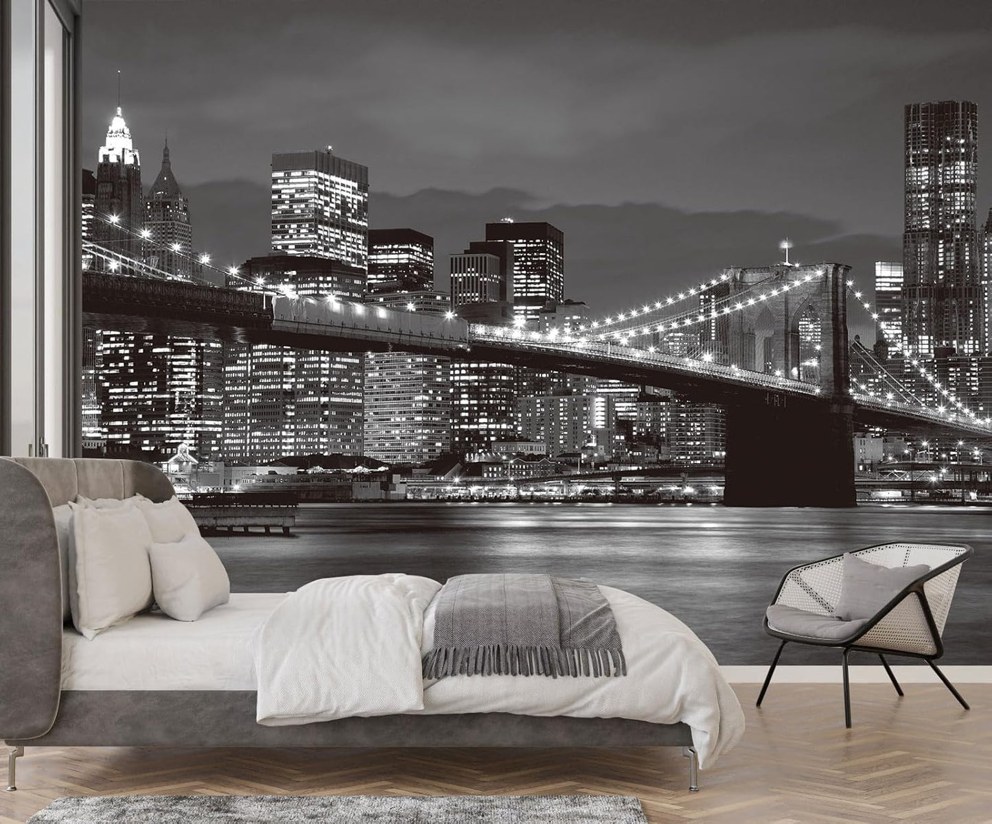 Grey City Wallpaper Brooklyn Bridge Nightscape Wall Mural for Living Room Bedroom Dining Room Office(Not Self-Adhesive)