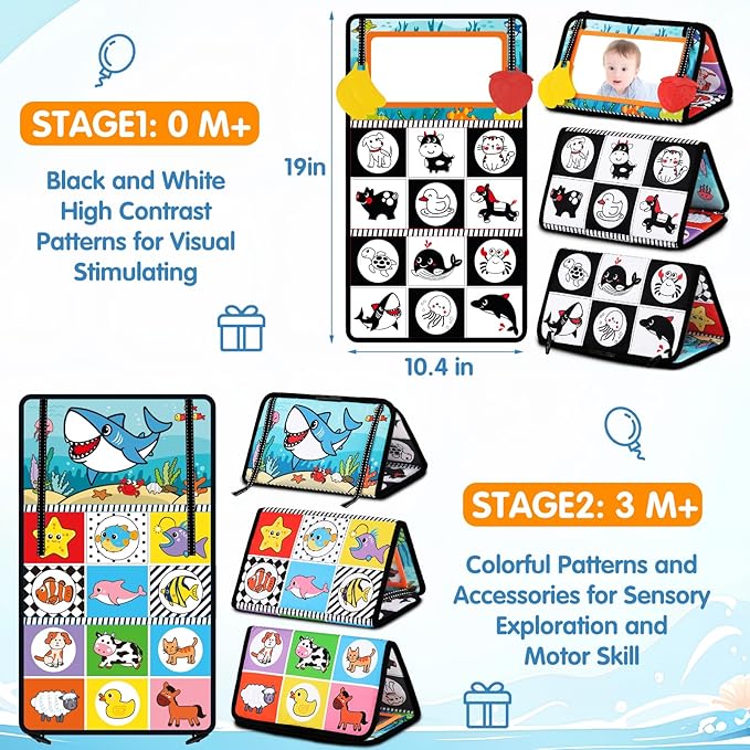 Tummy Time Mat Mirror Toys - Musical Activity Playmat Baby Toys for Newborn - Black and White High Contrast Montessori Sensory Crinkle Toy for Infant 0-3-6-12 Months Babies Boys Girls Shower Gifts