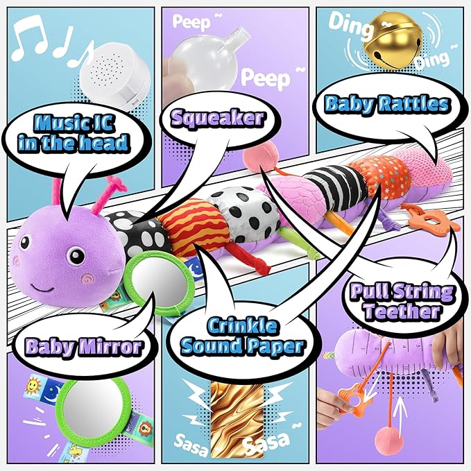 LIGHTDESIRE Baby Toys Musical Caterpillar,Infant Toys 3 6 12 Months Sensory Toy with Ruler Design,Mirror,Pull String,Crinkle&Ring Bell,Baby Teething Toy for Tummy Time Boy Girl Gifts (Lavender Purple)