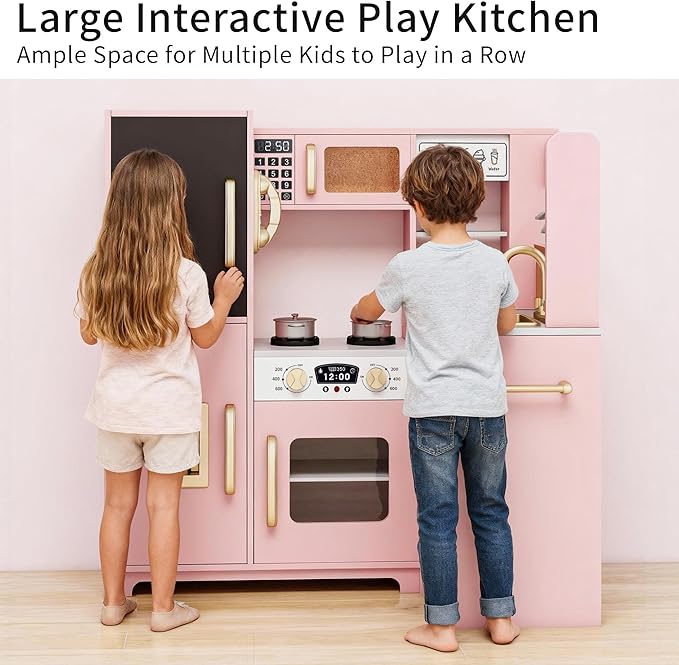 Kids Kitchen Playset with Lights & Sounds, Wooden Corner Play Kitchen with Sink,Oven, Ice Maker & Pretend Play Accessories, Educational Toy Kitchen Set for Toddlers, Pink