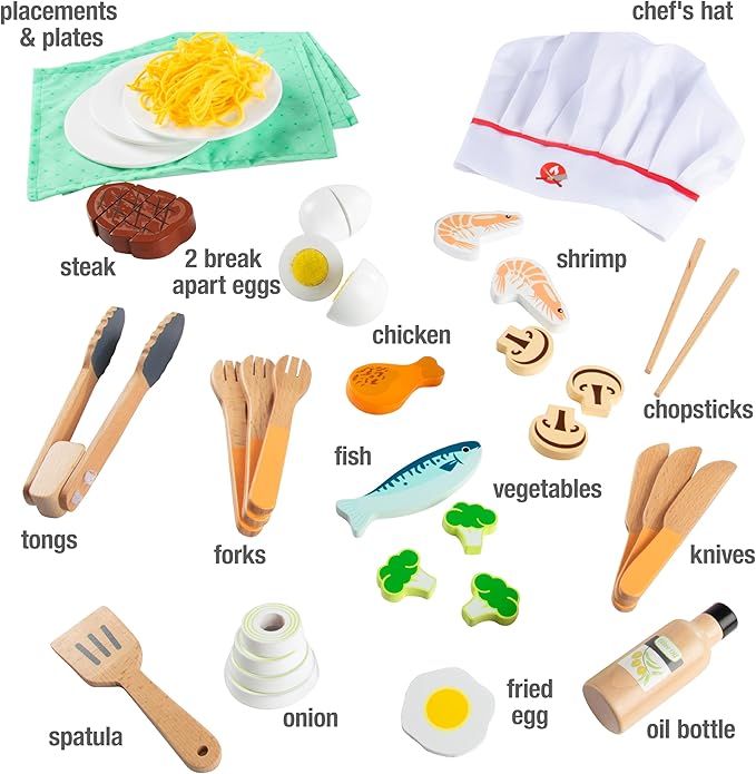 Hibachi Grill Wooden Kids Playset w Stools, Table Settings, 25+ Toy Food Pieces- Noodles Tongs Meats Veggies- Everything Little Chef Needs for Pretend Play, Indoor Japanese Restaurant Stand, Xmas Gift