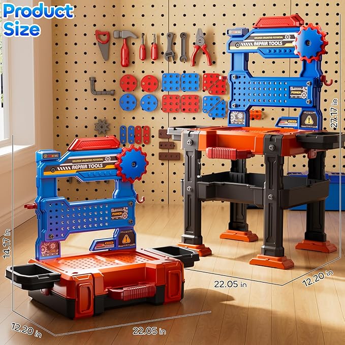 Kids Tools Toy Sets for Aged 3 4 5 6 7 8, 2 in 1 Workbench Toys for Toddlers 3-5, Pretend Play Toolbox, Construction Mechanic Set with Sound, Educational Birthday Gift for Boys Girls Ages 3-8