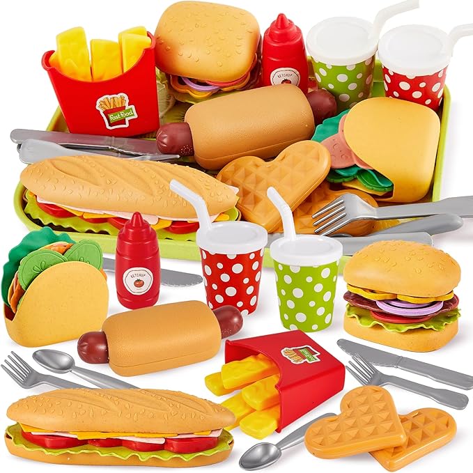 BUYGER Fast Food Play Food Toys for Kids Toddler Children Toy Kitchen Accessories Playset Plastic Toy Food Sets Pretend Play Gifts for 3 4 5+ Years Old