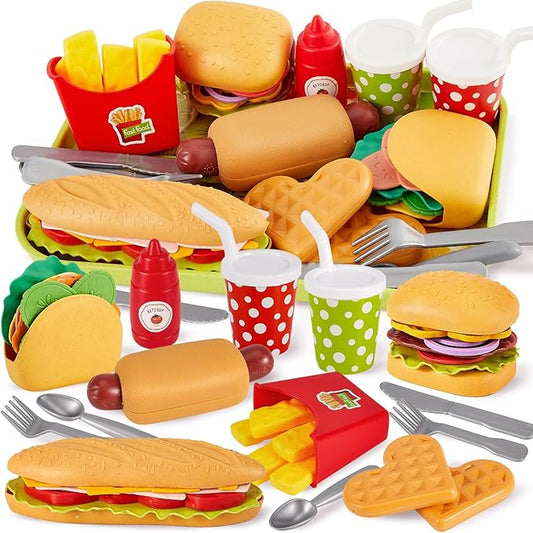 BUYGER Fast Food Play Food Toys for Kids Toddler Children Toy Kitchen Accessories Playset Plastic Toy Food Sets Pretend Play Gifts for 3 4 5+ Years Old