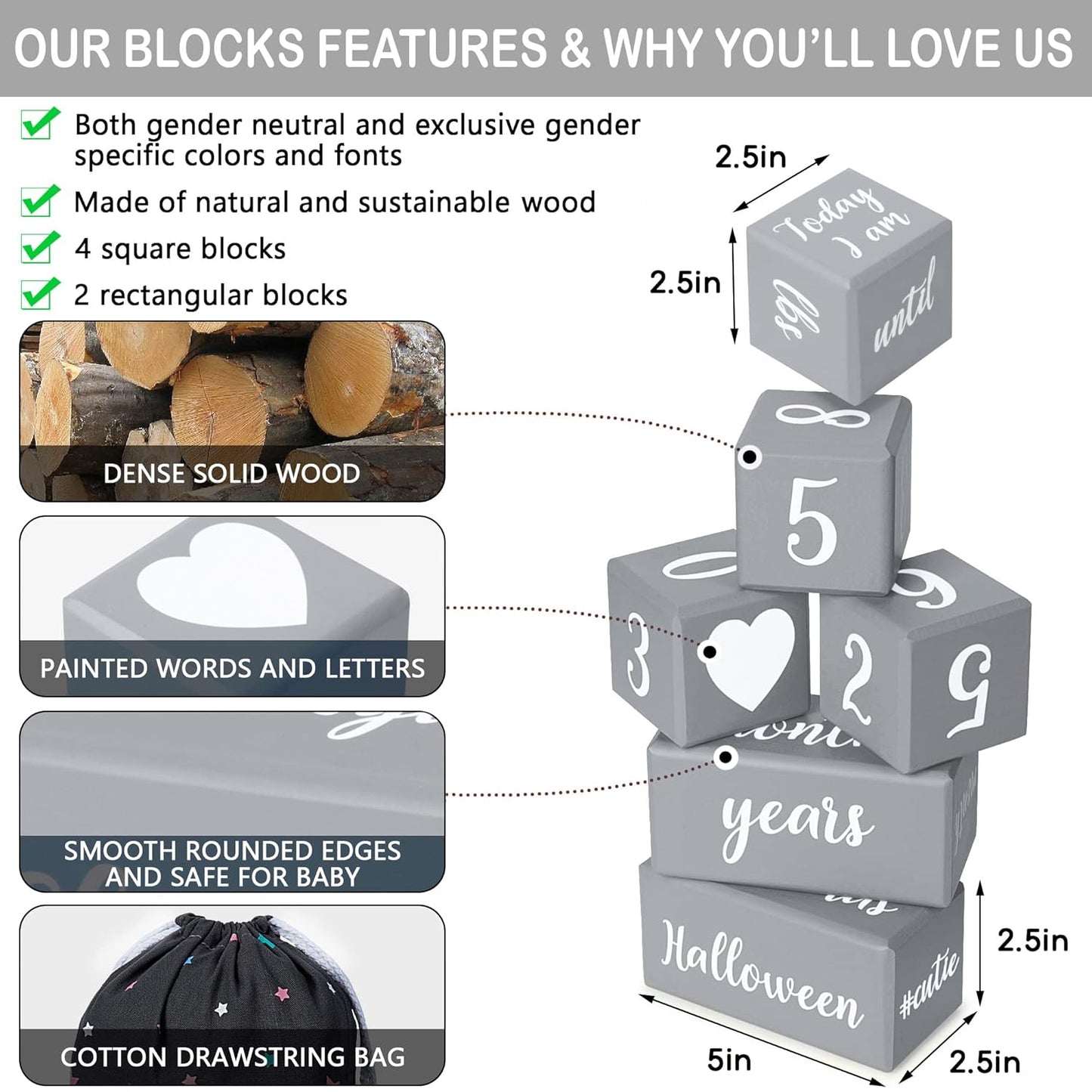 Gray Monthly Milestone Blocks with Bag. Baby Age Blocks for Girl or Boy Baby Photo Props. Month Baby Milestone Blocks with Grammatically Correct Month and Year