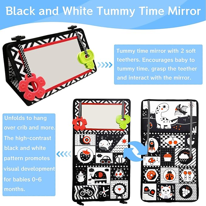 Tummy Time Mirror Newborn Toys: Black and White Infant Tummy Time Toys 0-3 0-6 6-12 Months Babies High Contrast Baby Toy with Book & Teethers Montessori Sensory Toy for Boy Girl Baby