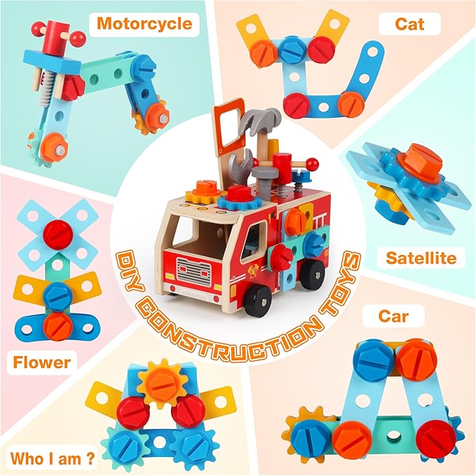 Toddler Tool Kit - 33 PCS Montessori Toddlers Tool Box, Kids Pretend Play Tools Set Age 2-4, STEM Educational Toys for Age 3, Wooden Construction Toy, Boys Birthday Gift 2,3,4,5 Year Old (Fire Engine)