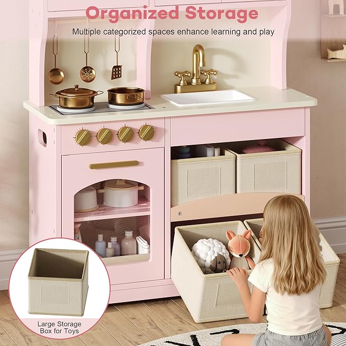 Play Kitchen for Kids, Wooden Toy Kitchen Set with Smart Storage & Accessories, Toddler Kitchen Playset with Stove & Oven, Pretend Play Set, Gift for Ages 3-8, Pink
