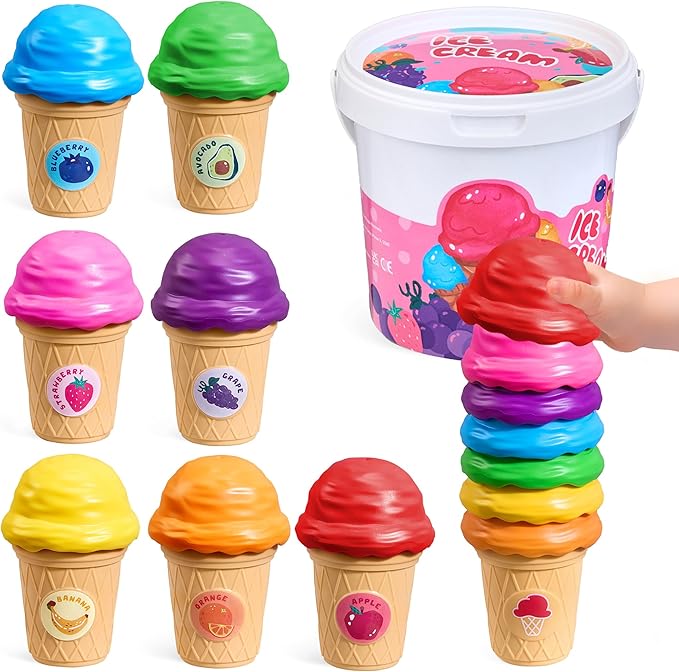 JOYCAT Ice Cream Play Set for Toddlers 1-3, Color Sorting Stacking Toys with 7 Matching Cones & Scoops, Pretend Play Food for Girls Kids Christmas Gifts, Fine Motor Skills Learning Toys for Preschool